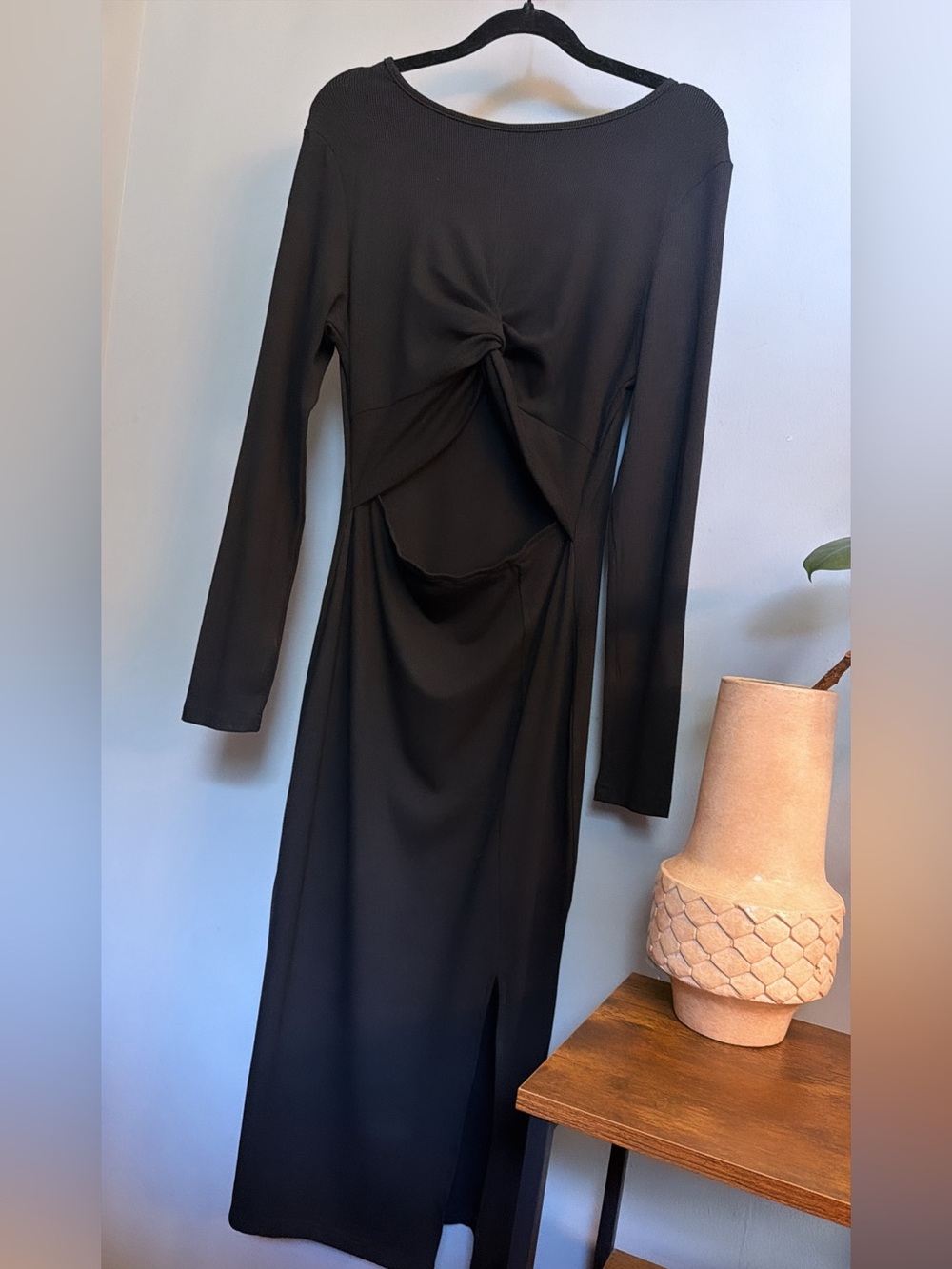 Black Ribbed Long Sleeve Midi Dress Interchangeable Cut-Out Front/Back M/L